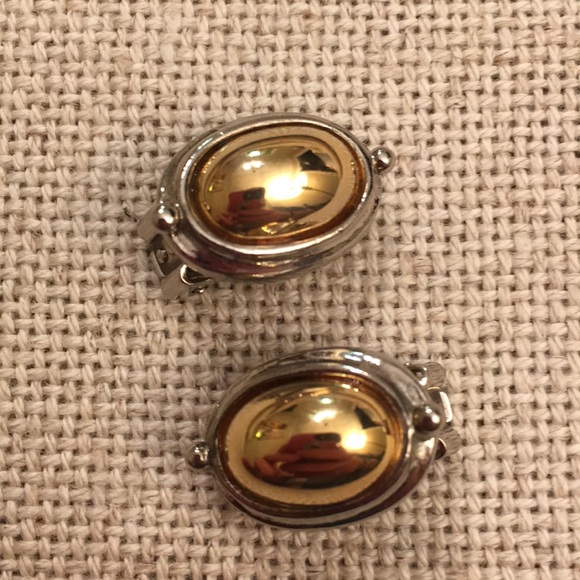 Silvertone Frame & Goldtone Center Clip Earrings - Picture 8 of 8